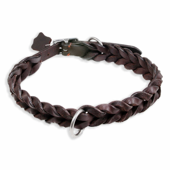 Auf dem Bild ist ein Hundehalsband als Lederhalsband f�r Hunde aus echt Leder in braun - 20mm breit geflochten und verstellbar 27 bis 35cm in der Gr��e S-XS zu sehen