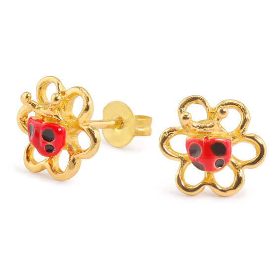 Auf dem Bild zu sehen sind Damen Ohrringe Marienkfer Glcksbringer Ohrstecker aus Messing Gold plattiert handbemalt