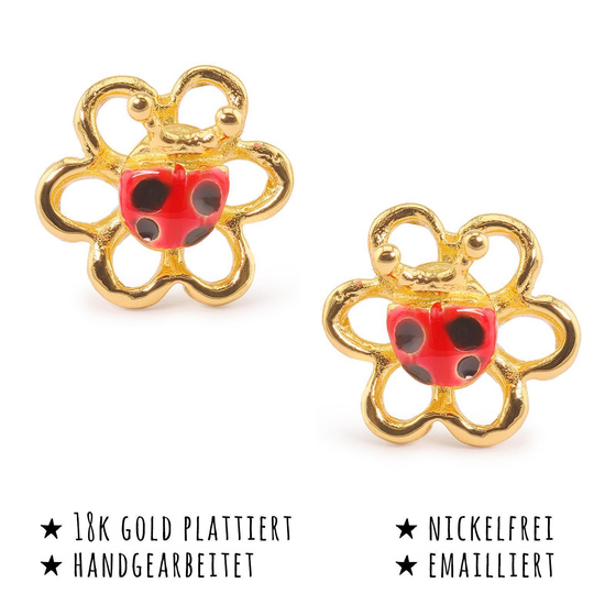 Das Bild mit Beschreibung zeigt Damen Ohrringe Marienkfer Glcksbringer Ohrstecker aus Messing Gold plattiert handbemalt