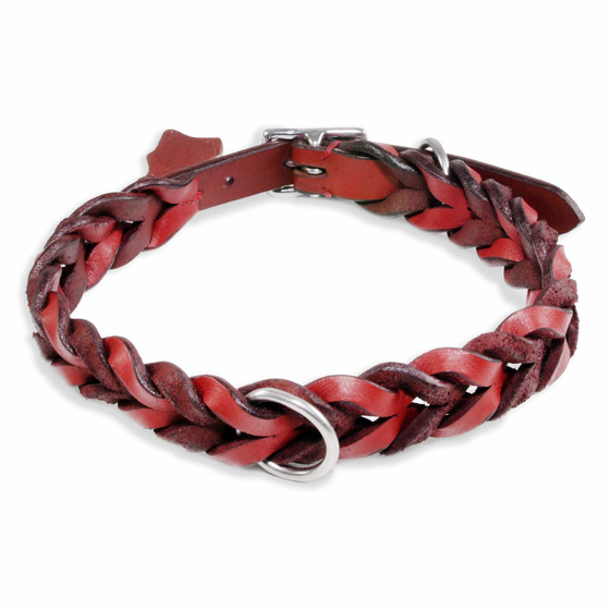 Auf dem Bild ist ein Hundehalsband als Lederhalsband für Hunde aus echt Leder in rot - 20mm breit geflochten und verstellbar 26 bis 34cm in der Größe S-XS zu sehen