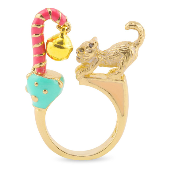 Auf dem Bild zu sehen sind Damen Ringe mit Katze Glocke aus Messing Gold plattiert mit Emaille handbemalt