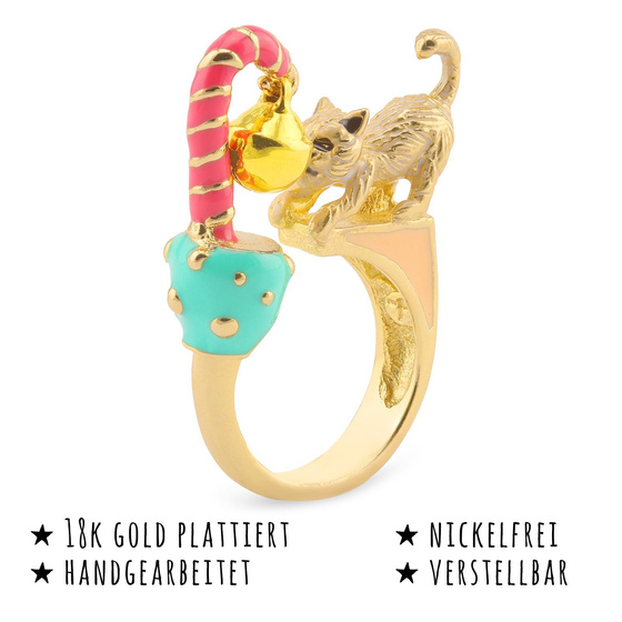 Das Bild mit Beschreibung zeigt Damen Ringe mit Katze Glocke aus Messing Gold plattiert mit Emaille handbemalt