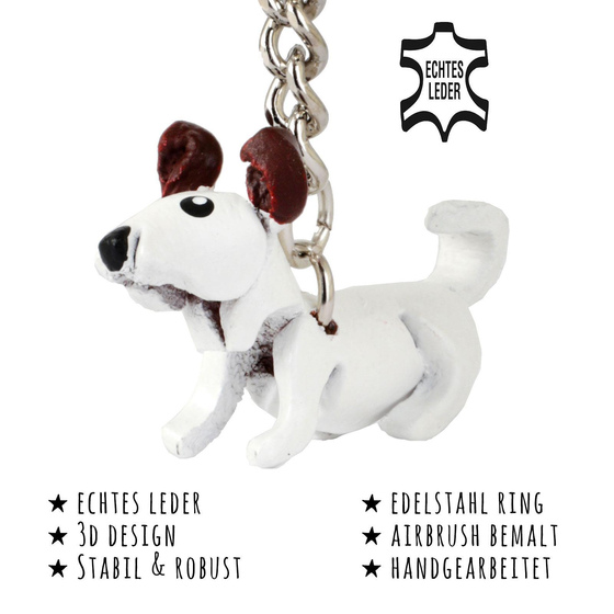 Das Bild mit Beschreibung zeigt ein Jack Russell Terrier Hund aus Leder