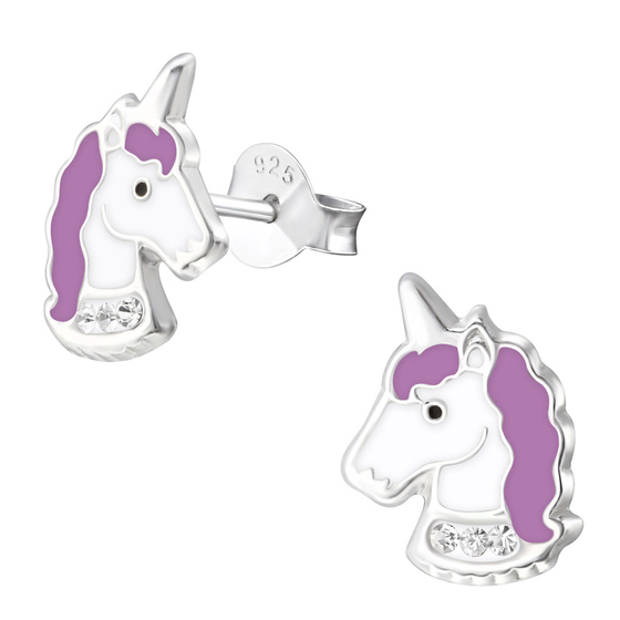 Auf dem Bild zu sehen sind Kinder Ohrringe Einhorn Kopf Ohrstecker aus 925 Sterling Silver echt Silber mit 6 Kristallen
