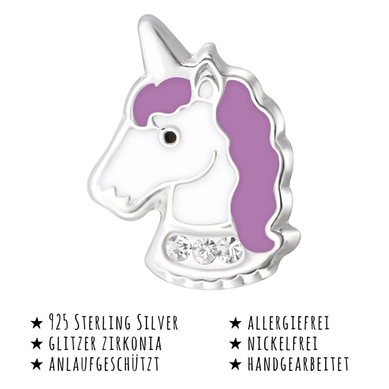 Das Bild mit Beschreibung zeigt Kinder Ohrringe Einhorn Kopf Ohrstecker aus 925 Sterling Silver echt Silber mit 6 Kristallen