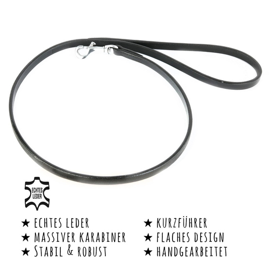 Das Bild mit Beschreibung zeigt eine Kurzfhrer Hundeleine aus echt Leder in der Farbe schwarz 1m lang