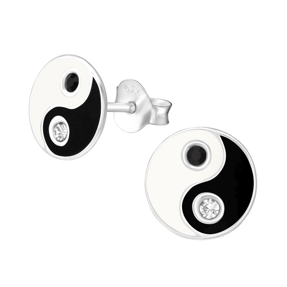 Auf dem Bild zu sehen sind Kinder Ohrringe Yin Yang Ohrstecker aus 925 Sterling Silver echt Silber mit 4 Kristallen