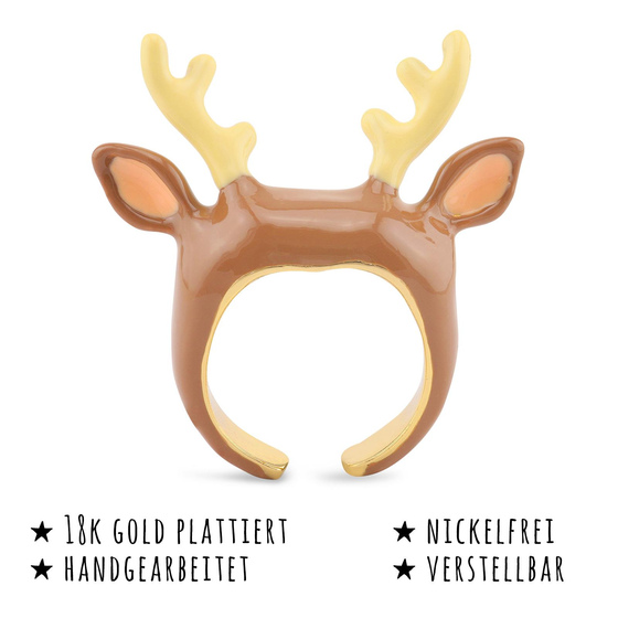 Das Bild mit Beschreibung zeigt Damen Ringe mit Hirschgeweih aus Messing Gold plattiert mit Emaille handbemalt