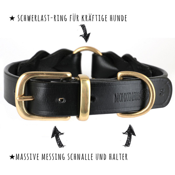 Hundehalsband aus Leder schwarz geflochten Messing XS-S