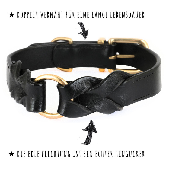 Hundehalsband aus Leder schwarz geflochten Messing XS-S