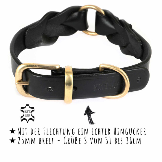 Hundehalsband aus Leder schwarz geflochten Messing XS-S