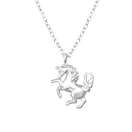 Auf dem Bild zu sehen ist eine Kinder Halskette Pferd Einhorn Anhnger aus 925 Sterling Silver echt Silber mit 45cm lnge
