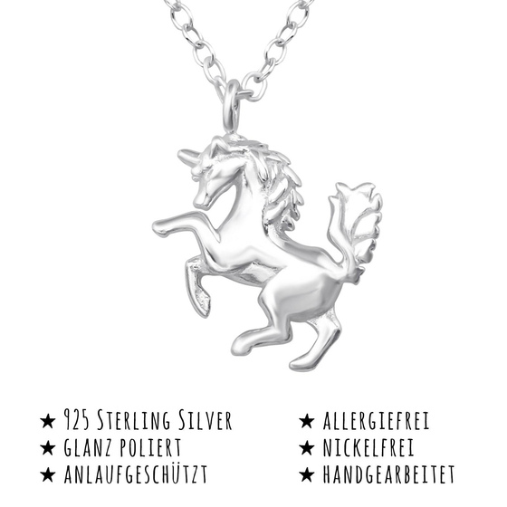 Das Bild mit Beschreibung zeigt eine Kinder Halskette Pferd Einhorn Anhnger aus 925 Sterling Silver echt Silber mit 45cm lnge