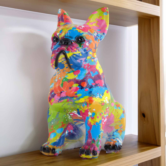 Auf dem Bild ist eine bunte Bulldoggen Hundefigur aus Kunstharz als Statue fr den fr den Garten