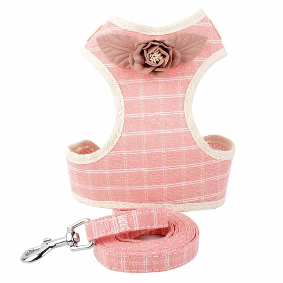 Geschirr fr Hund und Katze mit Leine - S in rosa kariert
