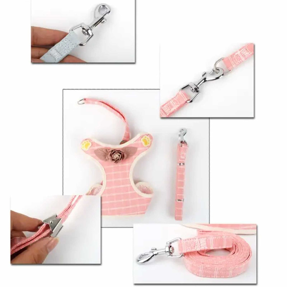 Geschirr fr Hund und Katze mit Leine - S in rosa kariert