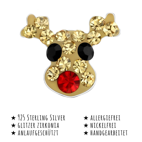 Das Bild mit Beschreibung zeigt Kinder Ohrringe Elch Rentier Kopf Ohrstecker aus 925 Sterling Silver echt Silber mit 32 Kristallen
