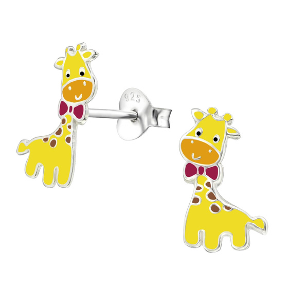 Auf dem Bild zu sehen sind Kinder Ohrringe Giraffe Ohrstecker aus 925 Sterling Silver echt Silber mit Schleife