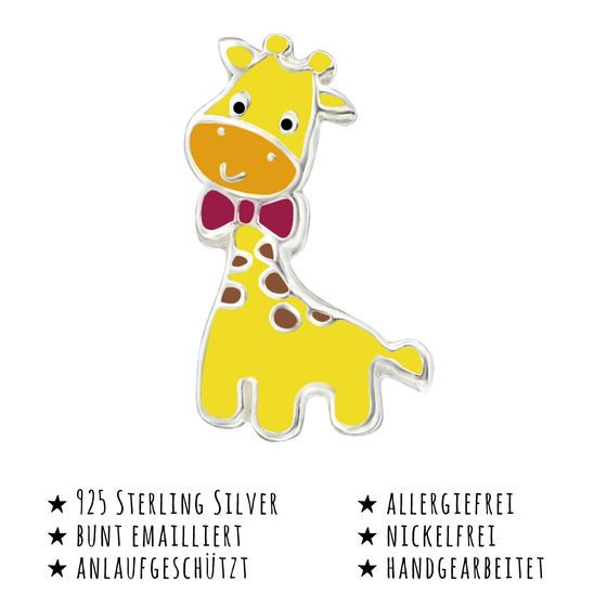 Das Bild mit Beschreibung zeigt Kinder Ohrringe Giraffe Ohrstecker aus 925 Sterling Silver echt Silber mit Schleife