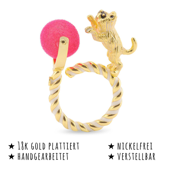 Das Bild mit Beschreibung zeigt Damen Ringe mit Katze Ball aus Messing Gold plattiert mit Emaille handbemalt