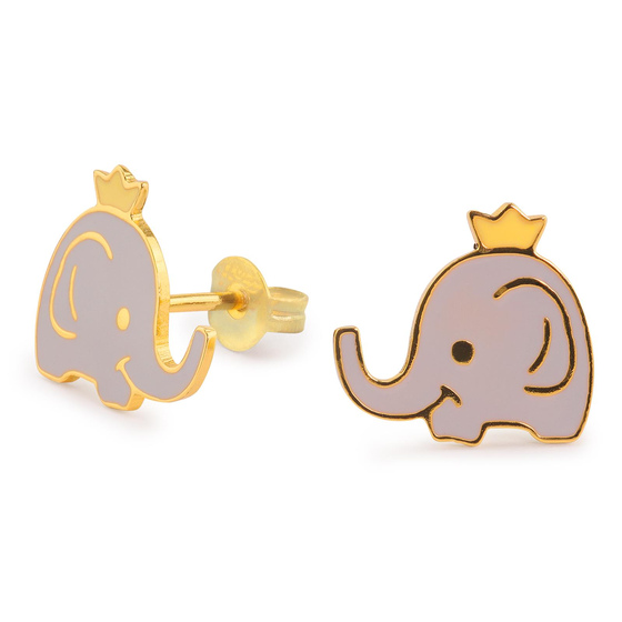 Auf dem Bild zu sehen sind Damen Ohrringe Elefant Krone Ohrstecker aus Messing Gold plattiert handbemalt