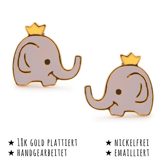 Das Bild mit Beschreibung zeigt Damen Ohrringe Elefant Krone Ohrstecker aus Messing Gold plattiert handbemalt