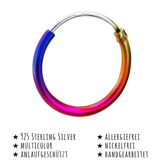 Das Bild mit Beschreibung zeigt Damen Ohrringe Regenbogen Creolen aus 925 Sterling Silver echt Silber mit Durchmesser 16mm