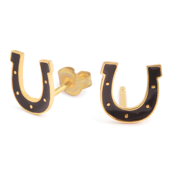 Auf dem Bild zu sehen sind Damen Ohrringe Hufeisen Glcksbringer Ohrstecker aus Messing Gold plattiert handbemalt