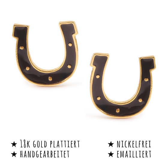 Das Bild mit Beschreibung zeigt Damen Ohrringe Hufeisen Glcksbringer Ohrstecker aus Messing Gold plattiert handbemalt