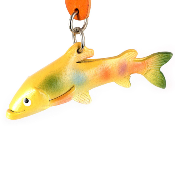 Auf dem Bild zu sehen ist eine Forelle aus Leder als Schlsselanhnger Figur