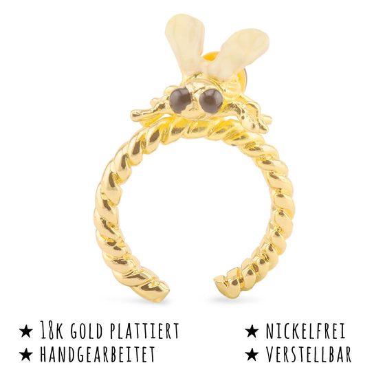 Das Bild mit Beschreibung zeigt Damen Ringe mit Biene aus Messing Gold plattiert mit Emaille handbemalt