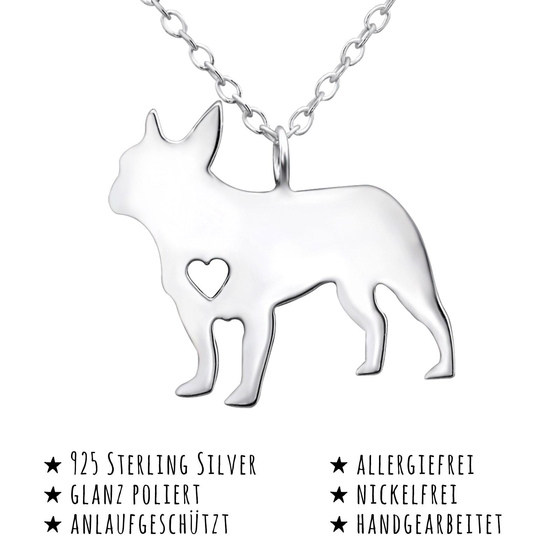 Das Bild mit Beschreibung zeigt eine Damen Kette mit Bulldogge Anhnger aus 925 Sterling Silver echt Silber mit 45cm lnge
