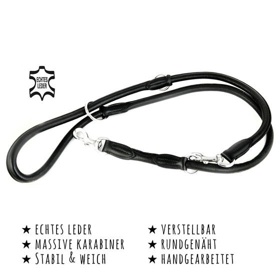 Das Bild mit Beschreibung zeigt eine verstellbare F�hrleine aus echt Leder in der Farbe schwarz 2m lang