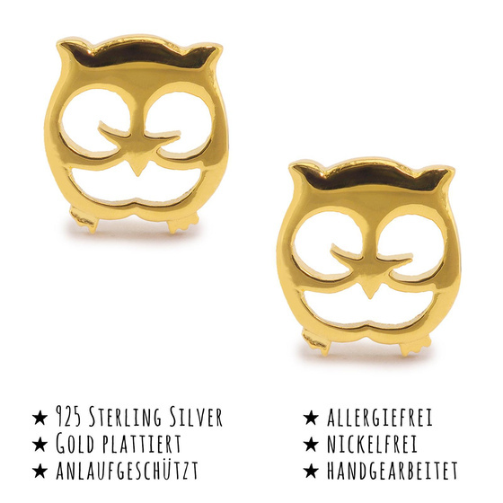 Das Bild mit Beschreibung zeigt Damen Ohrringe Eule Ohrstecker aus 925 Sterling Silver echt Silber mit 18K Gold plattiert