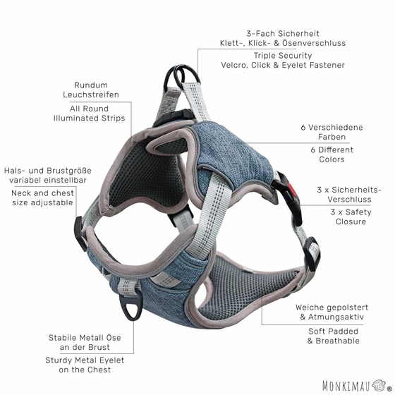 Atmungsaktive Hundegeschirre gepolstert