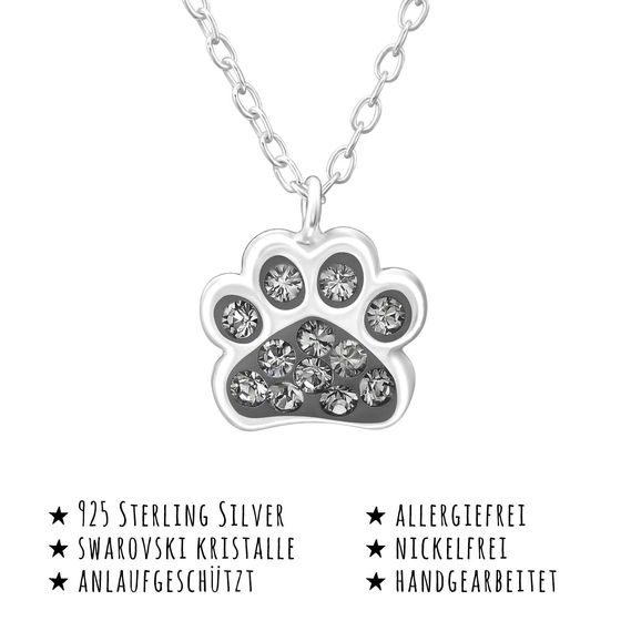 Das Bild mit Beschreibung zeigt eine Kinder Halskette Pfote Anhnger aus 925 Sterling Silver echt Silberr mit 12 Grauen Swarovski Kristallen 39cm lnge