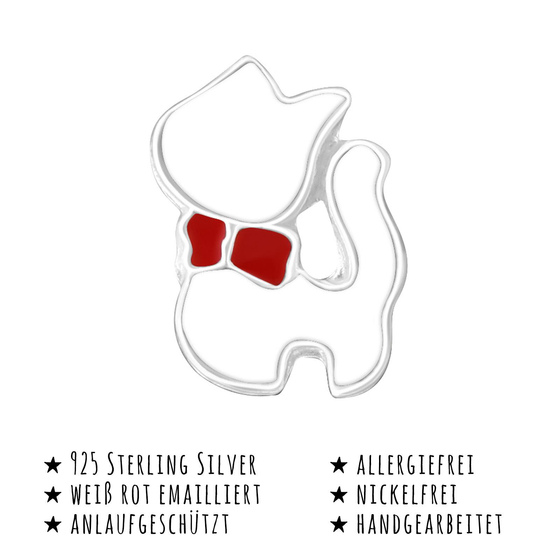 Das Bild mit Beschreibung zeigt Kinder Ohrringe weie Katze Ohrstecker aus 925 Sterling Silver echt Silber mit Schleife