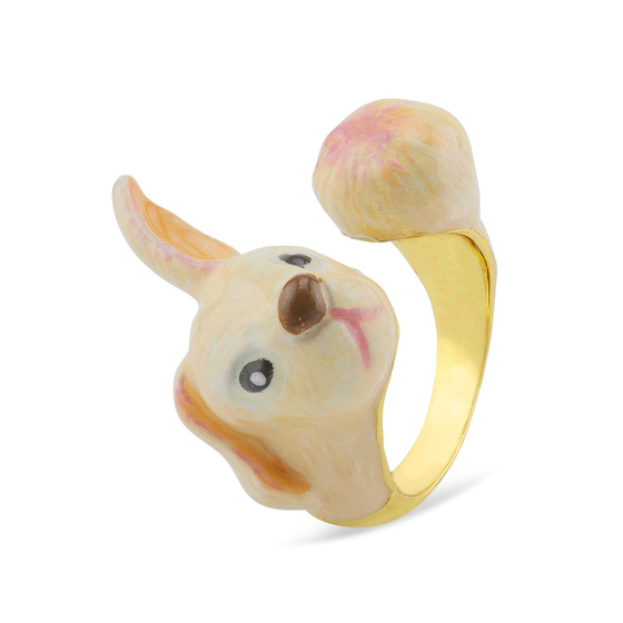 Auf dem Bild zu sehen sind Damen Ringe mit Hase Bunny aus Messing Gold plattiert mit Emaille handbemalt