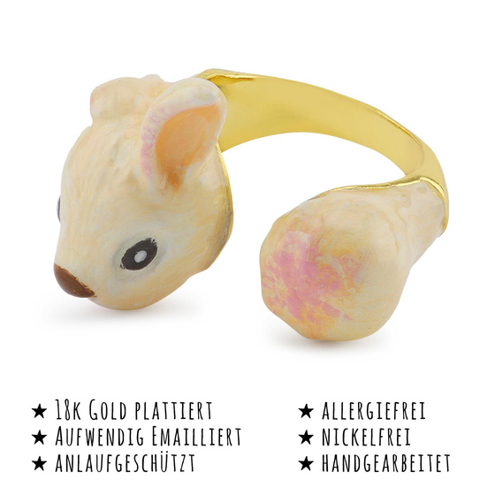 Das Bild mit Beschreibung zeigt Damen Ringe mit Hase Bunny aus Messing Gold plattiert mit Emaille handbemalt