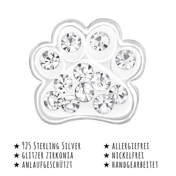 Das Bild mit Beschreibung zeigt Kinder Ohrringe Pfote Ohrstecker aus 925 Sterling Silver echt Silber mit 24 Kristallen