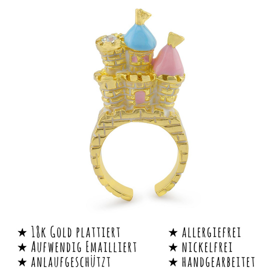 Das Bild mit Beschreibung zeigt Damen Ringe mit Burg Schloss aus Messing Gold plattiert mit Emaille handbemalt