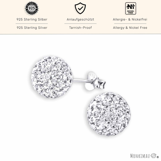 Silberne Kugel Ohrstecker 10mm mit Kristall | Eleganter Damen Ohrschmuck aus 925 Sterling Silber