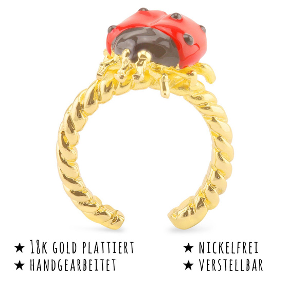 Das Bild mit Beschreibung zeigt Damen Ringe mit Marienkfer Glcksbringer aus Messing Gold plattiert mit Emaille handbemalt