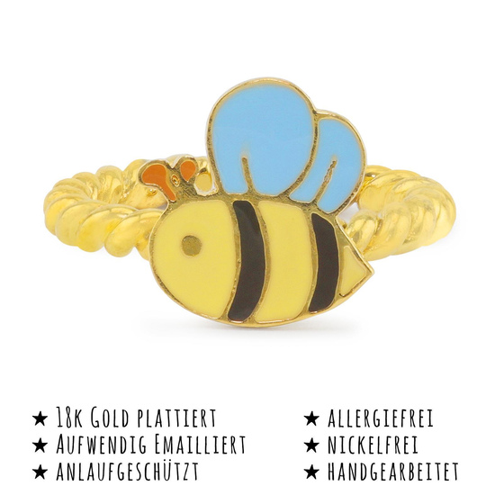 Das Bild mit Beschreibung zeigt ein Damen Ring mit Biene aus Messing Gold plattiert mit Emaille handbemalt