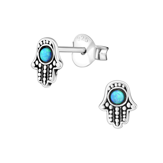 Auf dem Bild zu sehen sind Kinder Ohrringe Opal Hamsa Hand Fatima Ohrstecker aus 925 Sterling Silver echt Silber mit 2 Opalen