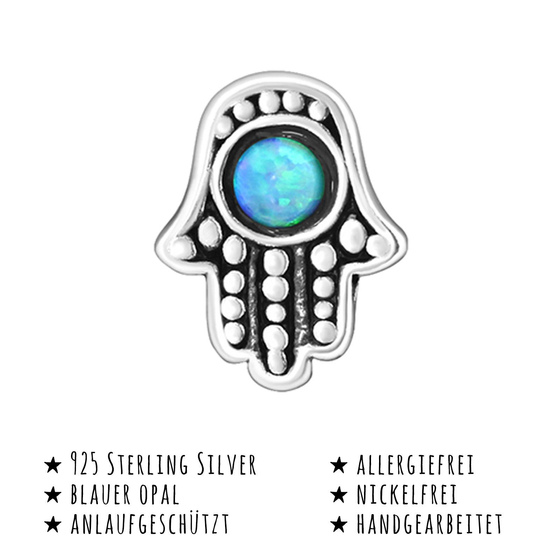 Das Bild mit Beschreibung zeigt Kinder Ohrringe Opal Hamsa Hand Fatima Ohrstecker aus 925 Sterling Silver echt Silber mit 2 Opalen