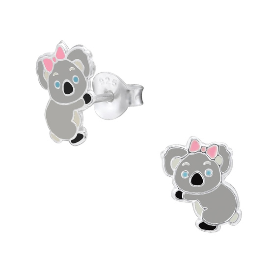 Auf dem Bild zu sehen sind Kinder Ohrringe Koala Ohrstecker aus 925 Sterling Silver echt Silber mit Schleife