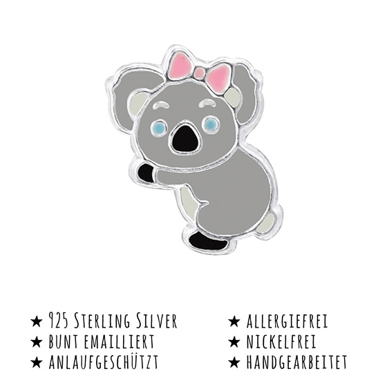 Das Bild mit Beschreibung zeigt Kinder Ohrringe Koala Ohrstecker aus 925 Sterling Silver echt Silber mit Schleife