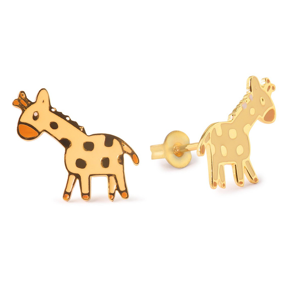 Auf dem Bild zu sehen sind Damen Ohrringe Giraffe Ohrstecker aus Messing Gold plattiert handbemalt