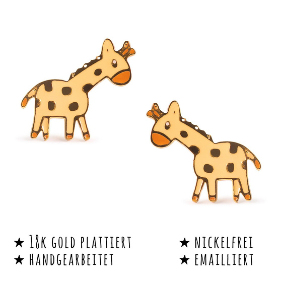 Das Bild mit Beschreibung zeigt Damen Ohrringe Giraffe Ohrstecker aus Messing Gold plattiert handbemalt